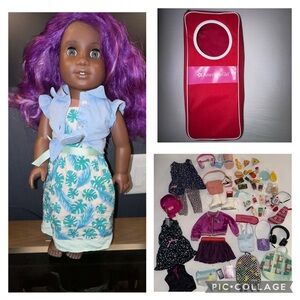 AMERICAN GIRL LOT TRULY ME # 91 DOLL  PURPLE HAIR, CARRIER, ACCESORIES. EUC.